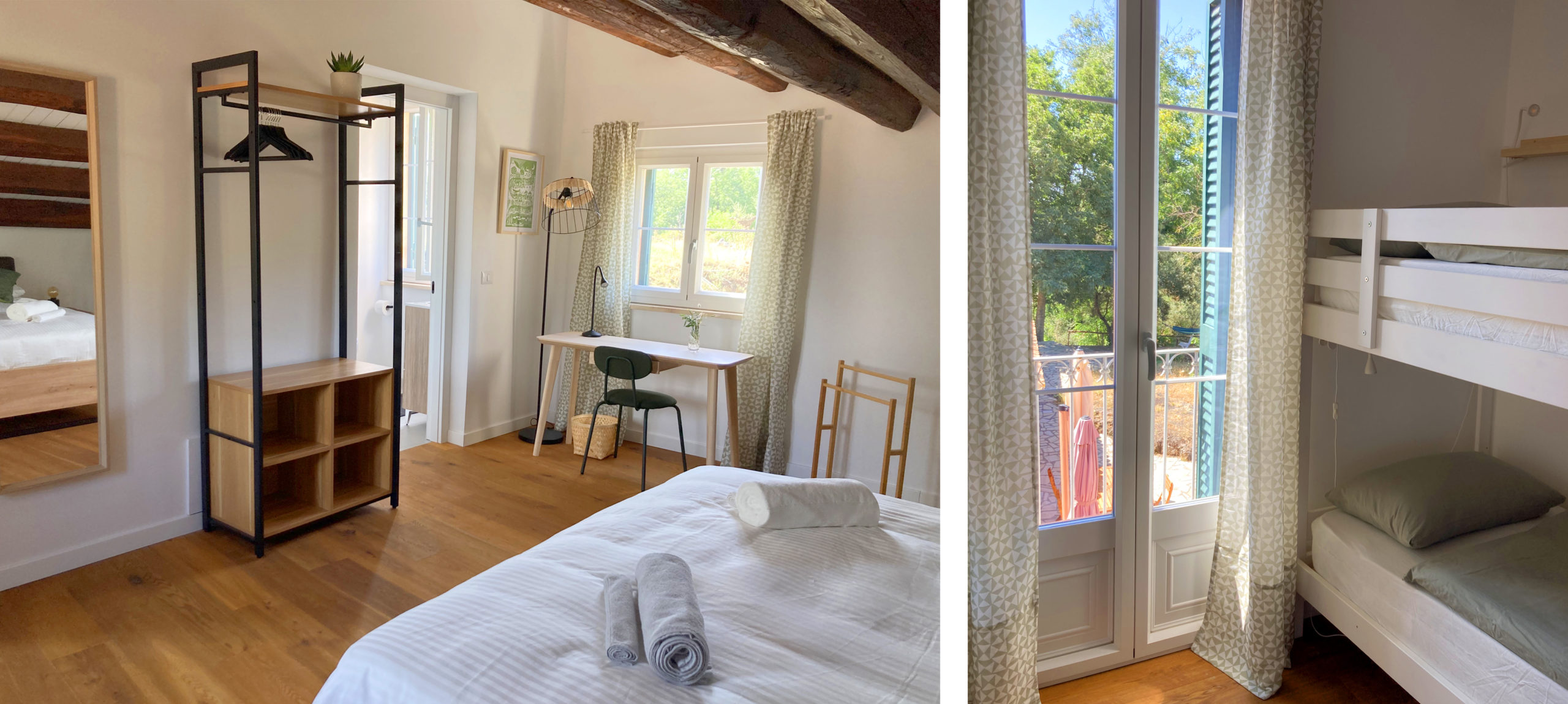 suite spacieuse et lumineuse: chambre double avec bureau et salle de bains et chambre avec lits superposés